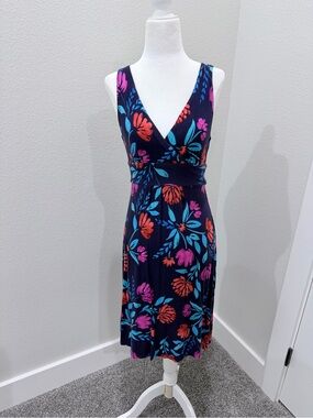 Cynthia Rowley Navy Midi Dress with Teal, Coral & Magenta Floral Print